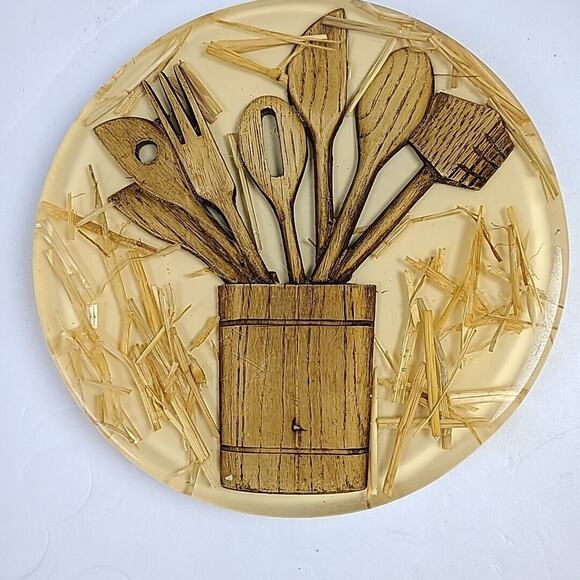 Vintage ColorFlo Lucite 8” Trivet Hot Plate Wooden Utensils Made in USA - Picture 1 of 4